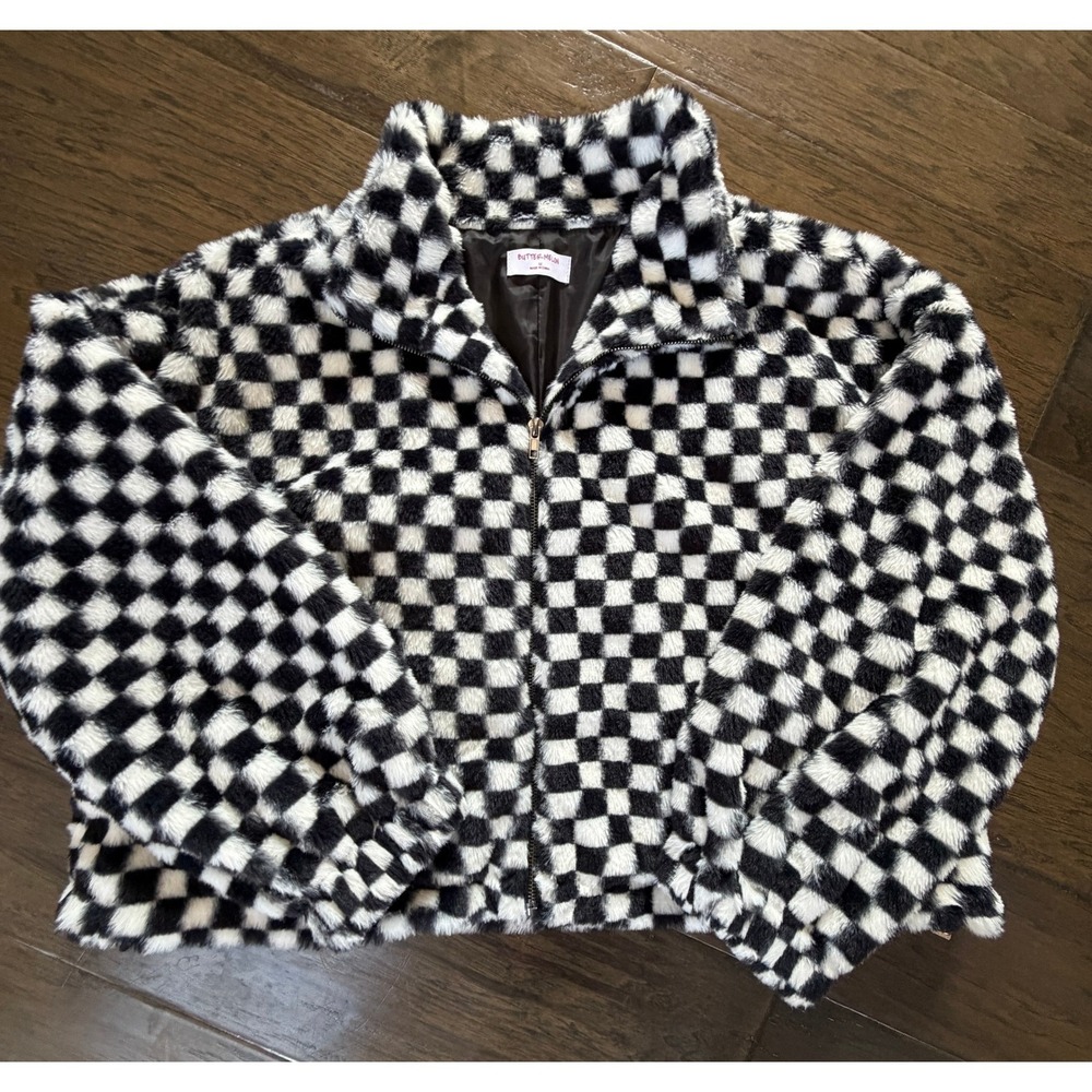 ButterMelon Womens‎ Faux Fur Checkered Zip Up Jacket Black White Size M